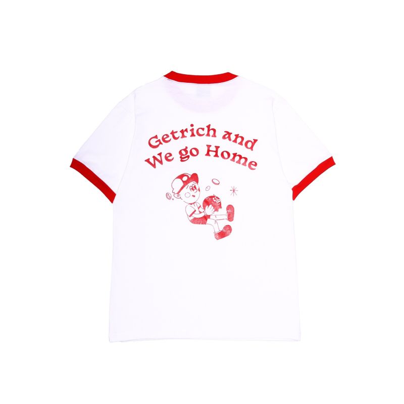 GET RICH AND WE GO HOME RINGER TEE - RED